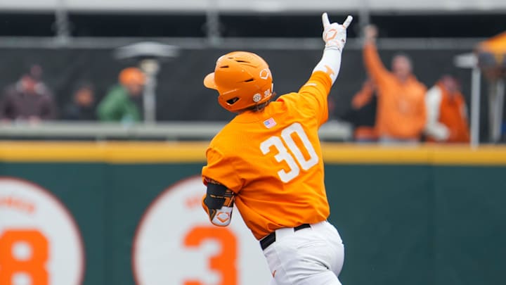 Tennessee's Levi Clark (30) celebrates as after he hits a three-run home run during a NCAA baseball game between Tennessee and Hofstra at Lindsey Nelson Stadium on Saturday, February 15, 2025.
