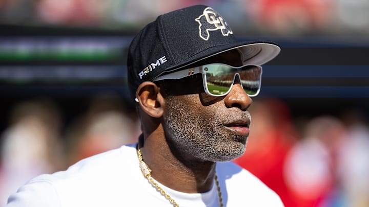 Oct 19, 2024; Tucson, Arizona, USA; Colorado Buffalos head coach Deion Sanders against the Arizona Wildcats at Arizona Stadium. Mandatory Credit: Mark J. Rebilas-Imagn Images
