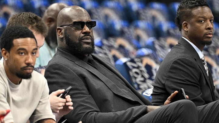 May 26, 2024; Dallas, Texas, USA; Shaquille O'Neal before the game between the Dallas Mavericks and the Minnesota Timberwolves in game three of the western conference finals for the 2024 NBA playoffs at American Airlines Center. Mandatory Credit: Jerome Miron-Imagn Images May 26, 2024; Dallas, Texas, USA; Shaquille O'Neal before the game between the Dallas Mavericks and the Minnesota Timberwolves in game three of the western conference finals for the 2024 NBA playoffs at American Airlines Center. Mandatory Credit: Jerome Miron-Imagn Images