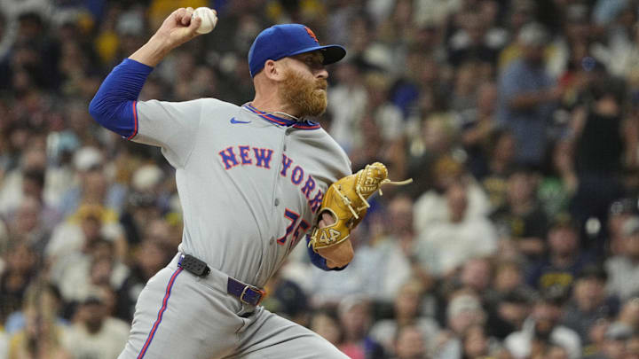 Aug 9, 2025; Milwaukee, Wisconsin, USA; New York Mets pitcher Reed Garrett (75) delivers a pitch against the Milwaukee Brewers in the first inning at American Family Field. Mandatory Credit: Michael McLoone-Imagn Images