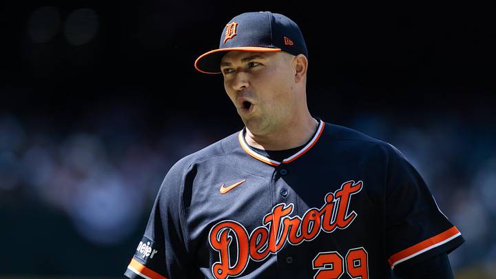 Detroit Tigers pitcher Tarik Skubal reacts