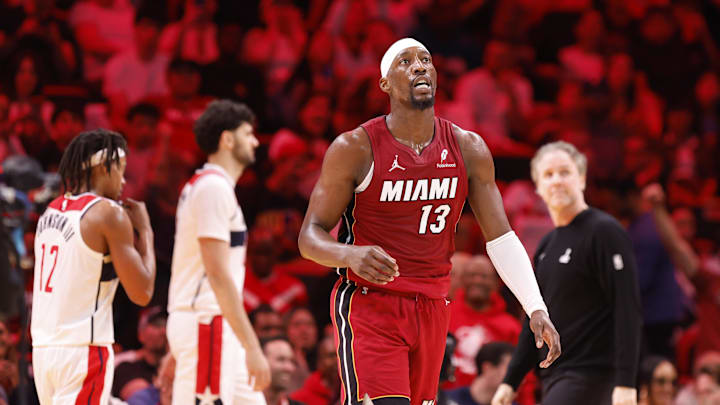 Mar 10, 2026; Miami, Florida, USA;  Miami Heat center Bam Adebayo (13) walks back to the bench during a time out against the Washington Wizards during the second half at Kaseya Center. Mandatory Credit: Rhona Wise-Imagn Images