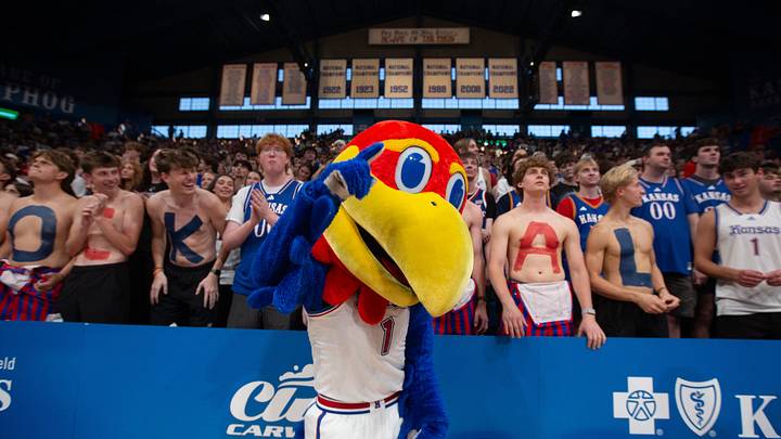 Kansas Jayhawks mascot Big Jay hypes up the crowd before taking on Louisville Cardinals for the exhibition game inside Allen Fieldhouse in Lawrence, Kansas on Oct. 21, 2026.