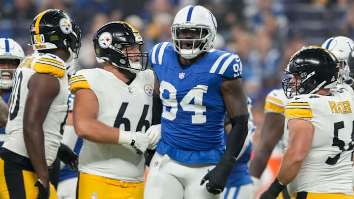 Indianapolis Colts defensive end Tyquan Lewis (94) celebrates after a play Sunday, Sept. 29, 2024, during a game against the Pittsburgh Steelers at Lucas Oil Stadium in Indianapolis.