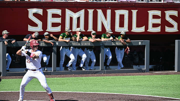 Hunter Carns takes an at-bat during Florida State baseball's exhibition against the University of Alabama at Birmingham.