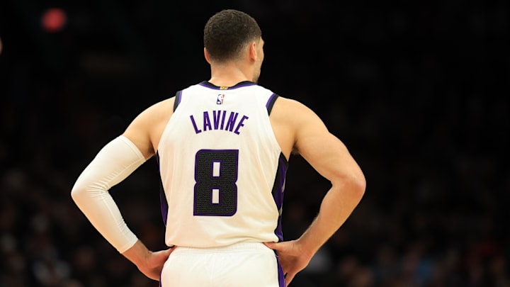Mar 14, 2025; Phoenix, Arizona, USA; Detailed view of the jersey of Sacramento Kings guard Zach LaVine (8) against the Phoenix Suns at Footprint Center. Mandatory Credit: Mark J. Rebilas-Imagn Images