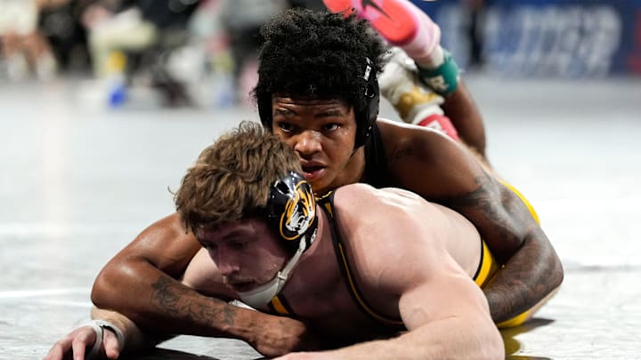 Iowa’s Jordan Williams wrestles Missouri’s J Conway in a 157-pound semifinal match Jan. 4, 2026 during the Soldier Salute wrestling tournament in Coralville, Iowa. Iowa’s Jordan Williams wrestles Missouri’s J Conway in a 157-pound semifinal match Jan. 4, 2026 during the Soldier Salute wrestling tournament in Coralville, Iowa.