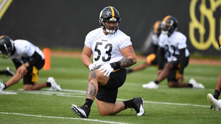May 4, 2021; Pittsburgh, PA, USA;    Pittsburgh Steelers center Kendrick Green (53) practices at the UPMC Rooney Sports Complex during rookie minicamp, Friday, May 14, 2021 in Pittsburgh, PA.  Mandatory Credit: Karl Roster/Handout Photo via Imagn Images