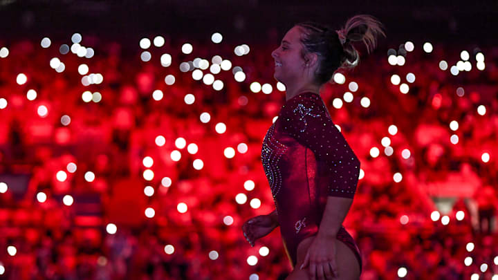 Jan 19, 2024; Tuscaloosa, AL, USA; Alabama gymnast Lilly Hudson enjoys the crowd between routines in Coleman Coliseum Jan 19, 2024; Tuscaloosa, AL, USA; Alabama gymnast Lilly Hudson enjoys the crowd between routines in Coleman Coliseum