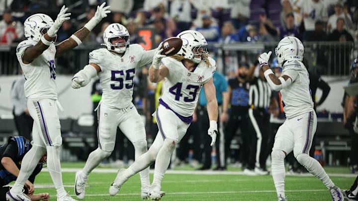 Dec 25, 2025; Minneapolis, Minnesota, USA; Minnesota Vikings linebacker Andrew van Ginkel (43) celebrates recovering a fumble by against the Detroit Lions in the fourth quarter at U.S. Bank Stadium.