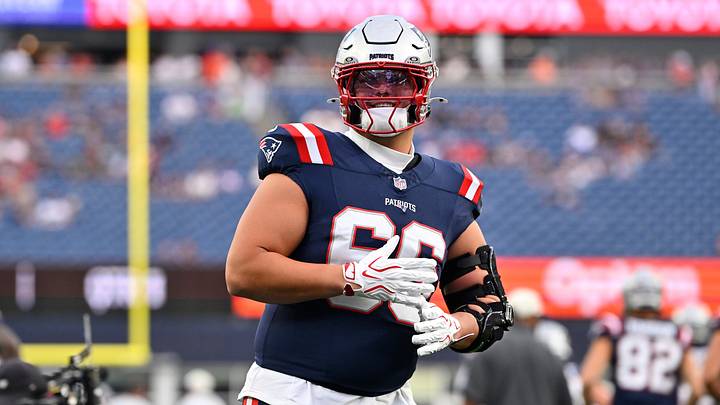 Aug 13, 2026; Foxborough, Massachusetts, USA; New England Patriots offensive tackle Will Campbell (66) looks on before a game against the Indianapolis Colts at Gillette Stadium. Mandatory Credit: Eric Canha-Imagn Images