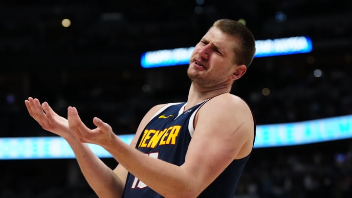 Apr 10, 2024; Denver, Colorado, USA; Denver Nuggets center Nikola Jokic (15) reacts in the second half against the Minnesota Timberwolves at Ball Arena. Mandatory Credit: Ron Chenoy-USA TODAY Sports Apr 10, 2024; Denver, Colorado, USA; Denver Nuggets center Nikola Jokic (15) reacts in the second half against the Minnesota Timberwolves at Ball Arena. Mandatory Credit: Ron Chenoy-USA TODAY Sports