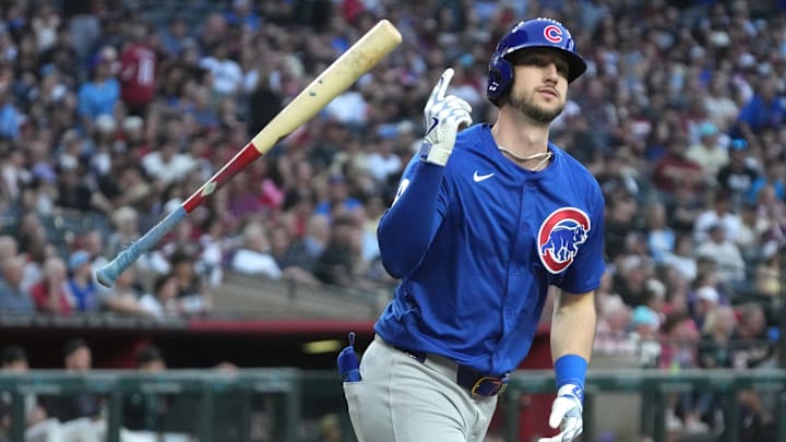 Chicago Cubs outfielder Kyle Tucker (30) flips his bat after hitting a two-run home run against the Arizona Diamondbacks at Chase Field. 