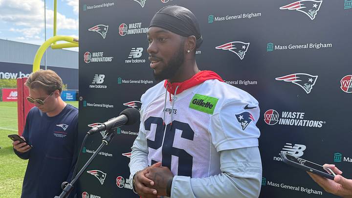 New England Patriots running back Hassan Haskins speaks to the media after Sunday's walkthrough practice. New England Patriots running back Hassan Haskins speaks to the media after Sunday's walkthrough practice.