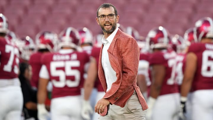 Sep 13, 2025; Stanford, California, USA; Stanford Cardinal general manager Andrew Luck walks on the field before the game against the Boston College Eagles at Stanford Stadium. Mandatory Credit: Darren Yamashita-Imagn Images Sep 13, 2025; Stanford, California, USA; Stanford Cardinal general manager Andrew Luck walks on the field before the game against the Boston College Eagles at Stanford Stadium. Mandatory Credit: Darren Yamashita-Imagn Images