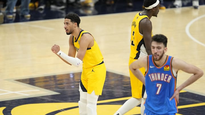 Jun 11, 2025; Indianapolis, Indiana, USA; Indiana Pacers guard Tyrese Haliburton (0) reacts after a play against the Oklahoma City Thunder during the second half during game three of the 2025 NBA Finals at Gainbridge Fieldhouse. Mandatory Credit: Kyle Terada-Imagn Images