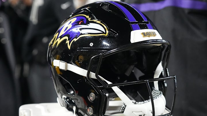 Dec 27, 2025; Green Bay, Wisconsin, USA;  General view of a Baltimore Ravens helmet during the game against the Green Bay Packers at Lambeau Field. Mandatory Credit: Jeff Hanisch-Imagn Images