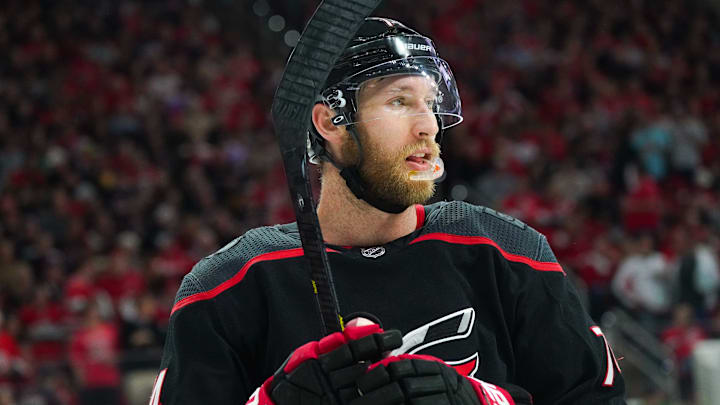 Apr 18, 2019; Raleigh, NC, USA;  Carolina Hurricanes defenseman Jaccob Slavin (74) looks on against the Washington Capitals in game four of the first round of the 2019 Stanley Cup Playoffs at PNC Arena. The Carolina Hurricanes defeated the Washington Capitals 2-1. Mandatory Credit: James Guillory-Imagn Images