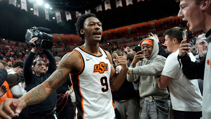 Oklahoma State Cowboys guard Anthony Roy (9) celebrates with fans after a BIG 12 men's college basketball game between the Oklahoma State Cowboys (OSU) and the BYU Cougars at Gallagher-Iba Arena in Stillwater, Okla., Wednesday, Feb. 4, 2026.