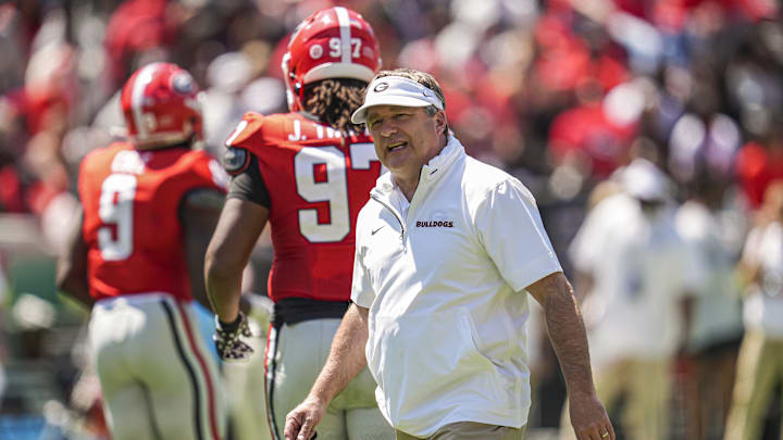 Apr 12, 2025; Athens, GA, USA; Georgia Bulldogs head coach Kirby Smart shown during the Georgia Spring game at Sanford Stadium. Mandatory Credit: Dale Zanine-Imagn Images