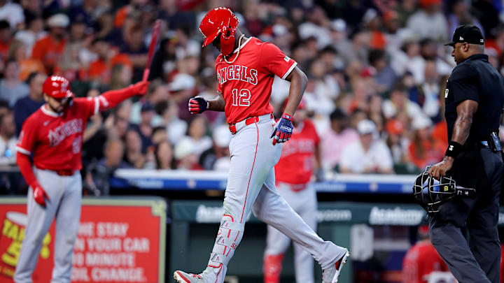 Apr 13, 2025; Houston, Texas, USA; Los Angeles Angels right fielder Jorge Soler (12) crosses home plate after hitting a home run to left field against the Houston Astros during the sixth inning at Daikin Park. Mandatory Credit: Erik Williams-Imagn Images