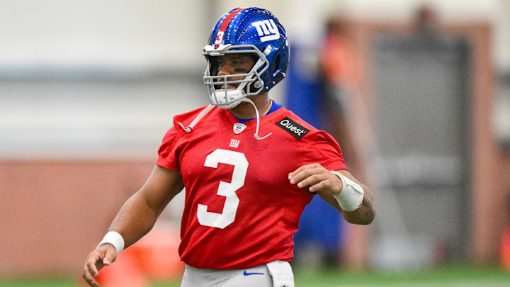 Jun 17, 2025; East Rutherford, NJ, USA; New York Giants quarterback Russell Wilson (3) warms up during minicamp at Quest Diagnostics Training Center.