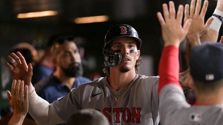 Sep 8, 2025; West Sacramento, California, USA; Boston Red Sox outfielder Jarren Duran (16) celebrates with team mates after scoring against the Athletics during the fifth inning at Sutter Health Park. Mandatory Credit: Ed Szczepanski-Imagn Images