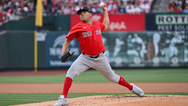 Apr 11, 2026; St. Louis, Missouri, USA; Boston Red Sox starting pitcher Ranger Suarez (55) pitches against the St. Louis Cardinals during the first inning at Busch Stadium. Mandatory Credit: Jeff Curry-Imagn Images