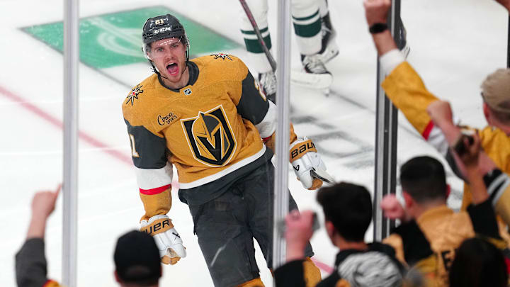 Apr 20, 2025; Las Vegas, Nevada, USA; Vegas Golden Knights center Brett Howden (21) celebrates after scoring a goal against the Minnesota Wild during the third period of game one of the first round of the 2025 Stanley Cup Playoffs at T-Mobile Arena. Mandatory Credit: Stephen R. Sylvanie-Imagn Images