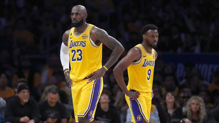 Apr 18, 2026; Los Angeles, California, USA; Los Angeles Lakers forward LeBron James (23) and son Bronny James (9) in the first half against the Houston Rockets during game one of the first round of the 2026 NBA Playoffs at Crypto.com Arena. Mandatory Credit: Kirby Lee-Imagn Images Apr 18, 2026; Los Angeles, California, USA; Los Angeles Lakers forward LeBron James (23) and son Bronny James (9) in the first half against the Houston Rockets during game one of the first round of the 2026 NBA Playoffs at Crypto.com Arena. Mandatory Credit: Kirby Lee-Imagn Images