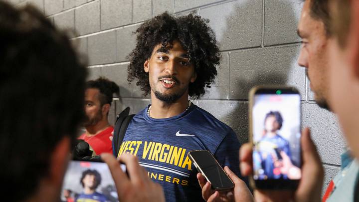 Sep 19, 2026; Charlotte, North Carolina, USA; West Virginia Mountaineers quarterback Michael Hawkins Jr. (3) speaks to the media after defeating the Virginia Cavaliers at Bank of America Stadium. Mandatory Credit: Ben Queen-Imagn Images