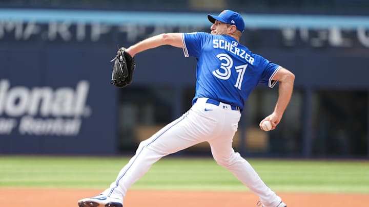 Jun 3, 2025; Toronto, Ontario, CAN; Toronto Blue Jays pitcher Max Scherzer (31) throws a pitch during a live session of batting practice before a game against the Philadelphia Phillies at Rogers Centre. 