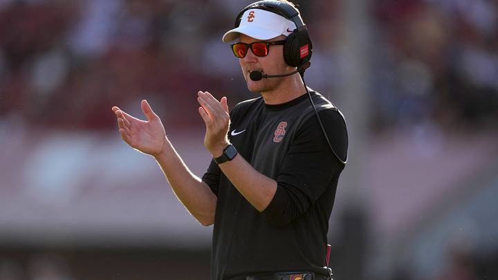 Southern California Trojans head coach Lincoln Riley watches from the sidelines against the Missouri State Bears in the first half at United Airlines Field at Los Angeles Memorial Coliseum. Southern California Trojans head coach Lincoln Riley watches from the sidelines against the Missouri State Bears in the first half at United Airlines Field at Los Angeles Memorial Coliseum.