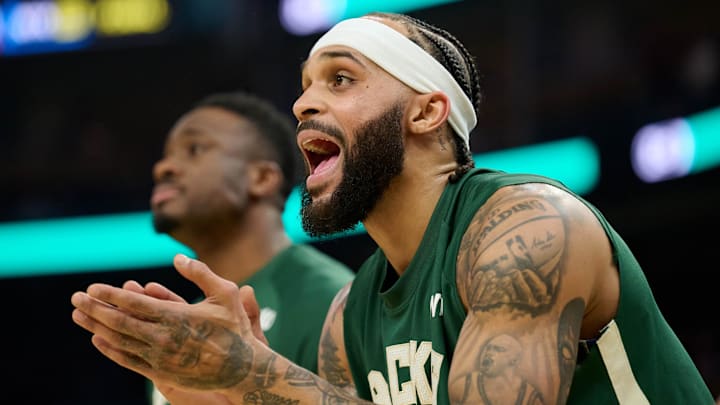 Milwaukee Bucks guard Gary Trent Jr. (5) reacts to game play against the Golden State Warriors during the second quarter at Chase Center on January 7, 2026. Milwaukee Bucks guard Gary Trent Jr. (5) reacts to game play against the Golden State Warriors during the second quarter at Chase Center on January 7, 2026.