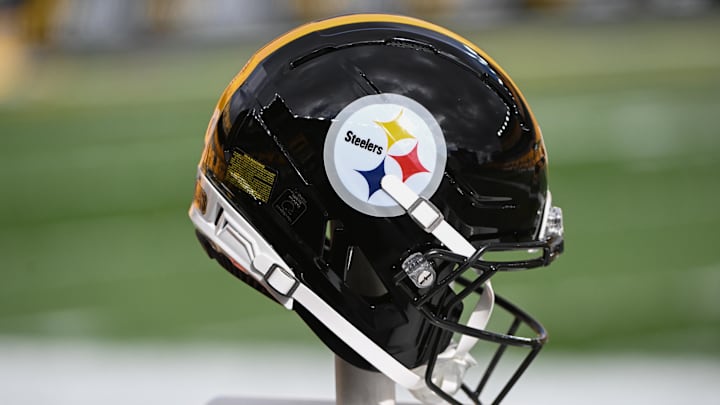 Nov 16, 2025; Pittsburgh, Pennsylvania, USA; A Pittsburgh Steelers helmet before a game against the Cincinnati Bengals at Acrisure Stadium. Mandatory Credit: Barry Reeger-Imagn Images