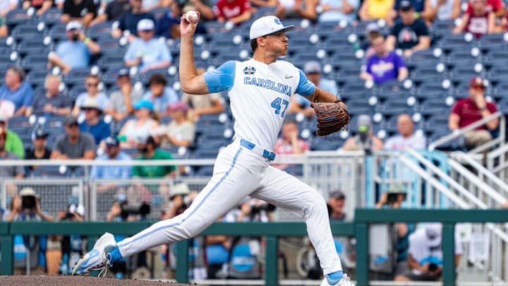 Jun 18, 2024; Omaha, NE, USA; North Carolina Tar Heels starting pitcher Aidan Haugh (47) pitches against the Florida State Seminoles during the first inning at Charles Schwab Field Omaha. Mandatory Credit: Dylan Widger-Imagn Images