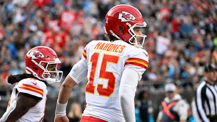 Nov 24, 2024; Charlotte, North Carolina, USA; Kansas City Chiefs wide receiver DeAndre Hopkins (8) celebrates with quarterback Patrick Mahomes (15) after scoring a touchdown in the third quarter at Bank of America Stadium. Mandatory Credit: Bob Donnan-Imagn Images