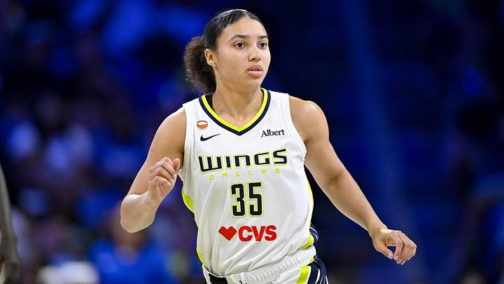 Jun 20, 2026; Arlington, Texas, USA; Dallas Wings guard Azzi Fudd (35) runs back up court during the first half against the Chicago Sky at College Park Center. Mandatory Credit: Jerome Miron-Imagn Images