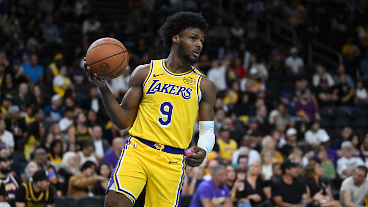 Oct 4, 2024; Palm Desert, California, USA; Los Angeles Lakers guard Bronny James (9) looks to pass against the Minnesota Timberwolves during the second half at Acrisure Arena. Mandatory Credit: Jonathan Hui-Imagn Images