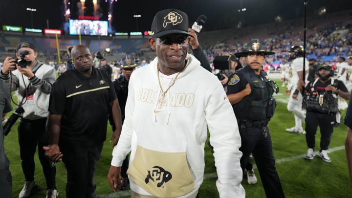 Oct 28, 2023; Pasadena, California, USA; Colorado Buffaloes head coach Deion Sanders leaves the field after the game against the UCLA Bruins at Rose Bowl. UCLA defeated Colorado 28-16. Mandatory Credit: Kirby Lee-USA TODAY Sports