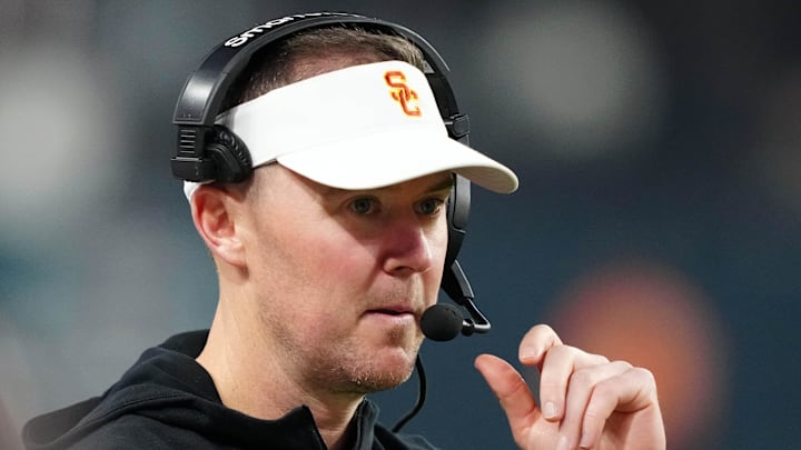 Dec 27, 2024; Las Vegas, NV, USA; Southern California Trojans head coach Lincoln Riley reacts against the Texas A&M Aggies in the second half at Allegiant Stadium. 
