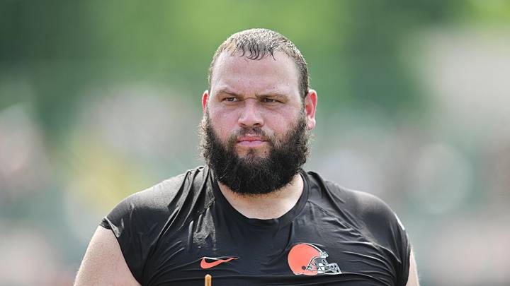 Jul 26, 2025; Berea, OH, USA; Cleveland Browns guard Joel Bitonio (75) during training camp at CrossCountry Mortgage Campus. Mandatory Credit: Ken Blaze-Imagn Images