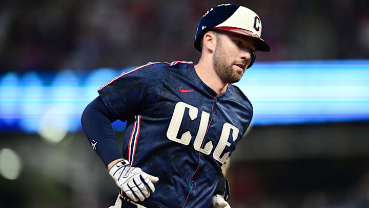 May 31, 2024; Cleveland, Ohio, USA; Cleveland Guardians catcher David Fry (6) rounds the bases after hitting a three run home run during the seventh inning against the Washington Nationals at Progressive Field. Mandatory Credit: Ken Blaze-Imagn Images