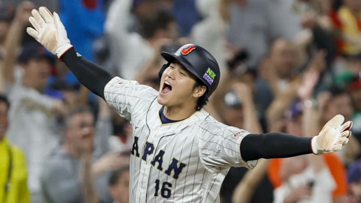 Mar 20, 2023; Miami, Florida, USA; Japan designated hitter Shohei Ohtani (16) circles the bases after a three-run home run from left fielder Masataka Yoshida (not pictured) during the seventh inning against Mexico at LoanDepot Park. Mandatory Credit: Sam Navarro-Imagn Images