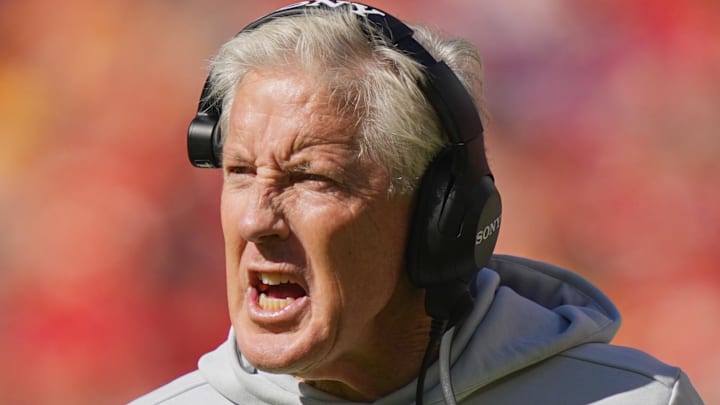 Oct 19, 2025; Kansas City, Missouri, USA; Las Vegas Raiders head coach Pete Carroll reacts during the second half against the Kansas City Chiefs at GEHA Field at Arrowhead Stadium. Mandatory Credit: Jay Biggerstaff-Imagn Images