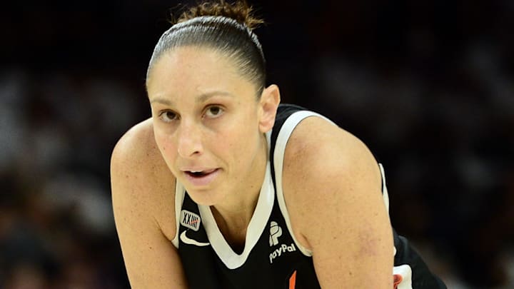 Oct 10, 2021; Phoenix, Arizona, USA; Phoenix Mercury guard Diana Taurasi (3) looks on against the Chicago Sky during the second half of game one of the 2021 WNBA Finals at Footprint Center. Mandatory Credit: Joe Camporeale-Imagn Images