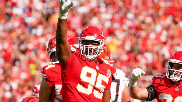 Sep 15, 2024; Kansas City, Missouri, USA; Kansas City Chiefs defensive tackle Chris Jones (95) celebrates after a play against the Cincinnati Bengals during the first half at GEHA Field at Arrowhead Stadium. Mandatory Credit: Denny Medley-Imagn Images