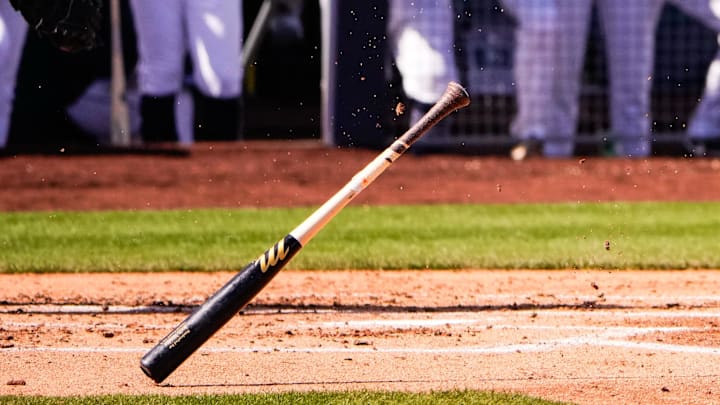 Feb 24, 2026; Peoria, Arizona, USA; A bat during the first inning in Peoria, Arizona. Mandatory Credit: Arianna Grainey-Imagn Images