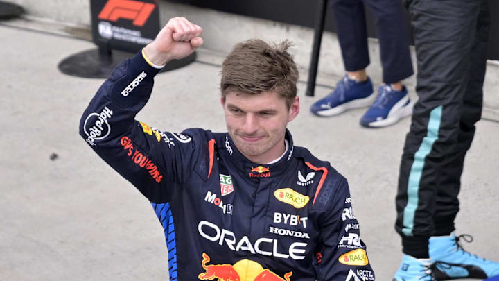 Jun 9, 2024; Montreal, Quebec, CAN;  Red Bull Racing driver Max Verstappen (NED) reacts after winning the Canadian Grand Prix at Circuit Gilles Villeneuve. Mandatory Credit: Eric Bolte-USA TODAY Sports