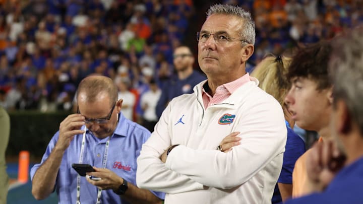 Former Florida football Coach Urban Meyer watches the action during the first half of an NCAA football game against Tennessee at Steve Spurrier Field at Ben Hill Griffin Stadium in Gainesville, FL on Saturday, November 22, 2025. [Alan Youngblood/Gainesville Sun]